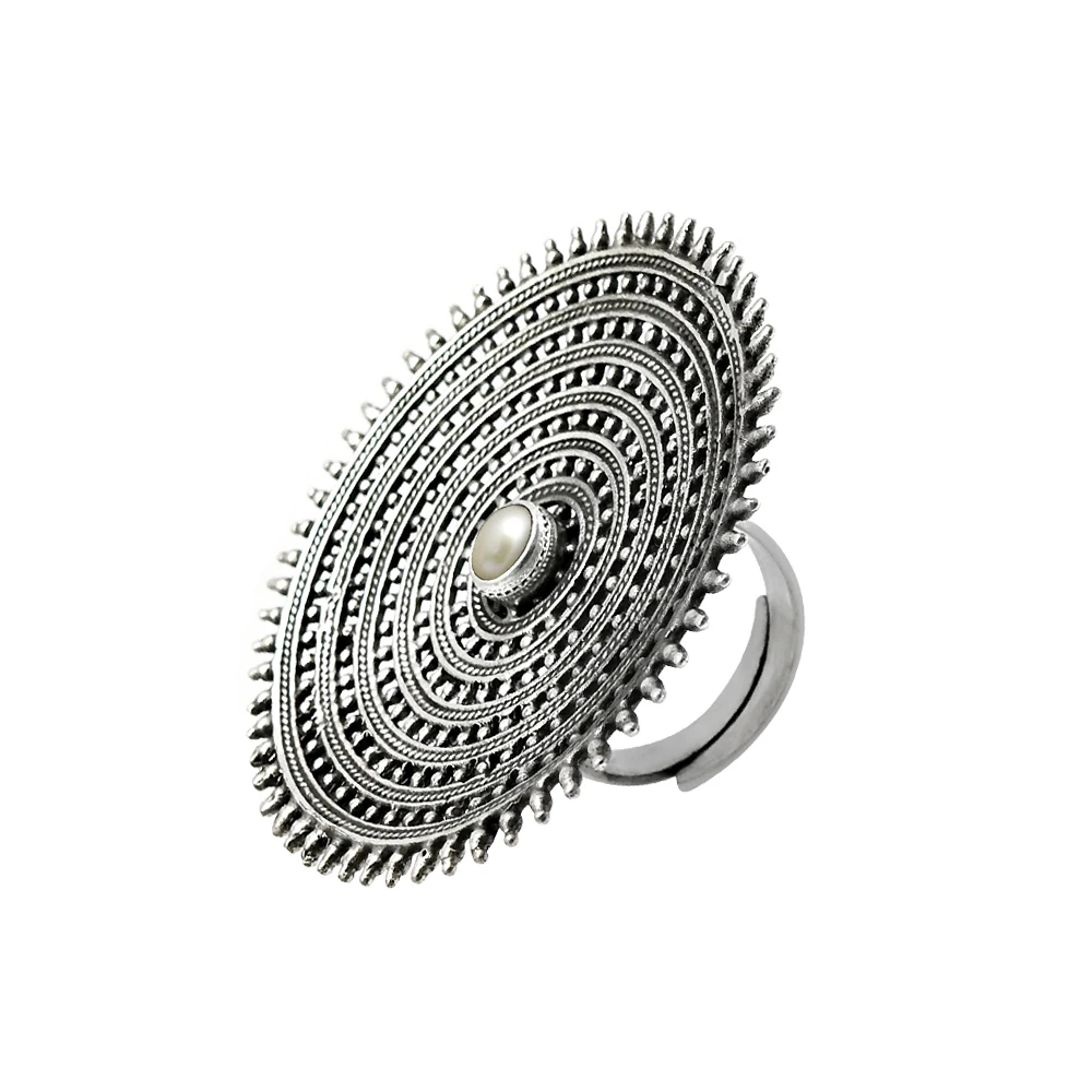 Indian Artisan Handmade June Birthstone Jewelry 925 Sterling Oxidized Silver Natural Pearl Round Shape Adjustable Ring For Her