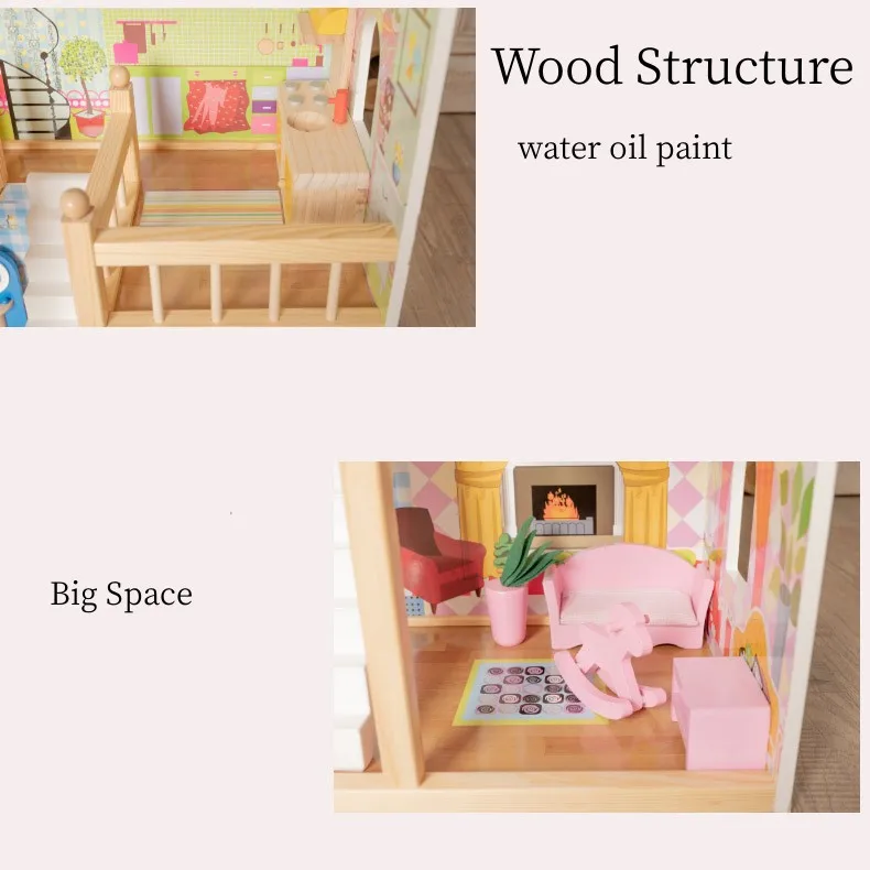 Pretend Role Play DIY Educational Toy Big Kids Wooden Doll House Villa With Doll Room Furniture Dollhouse