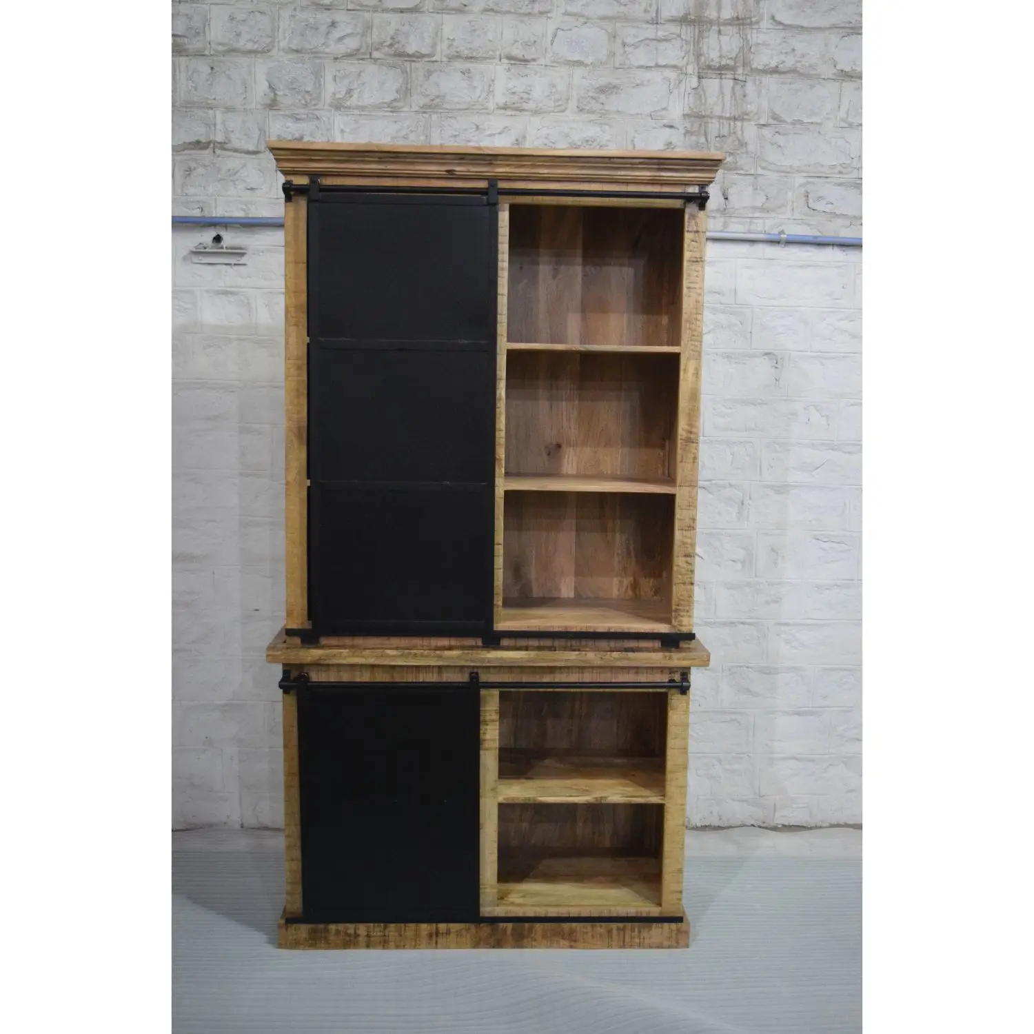 Luxury Modern Industrial Style Mango Wooden Glass Panel Hutch Buffet Cabinet Storage Display Home Dining Living Room