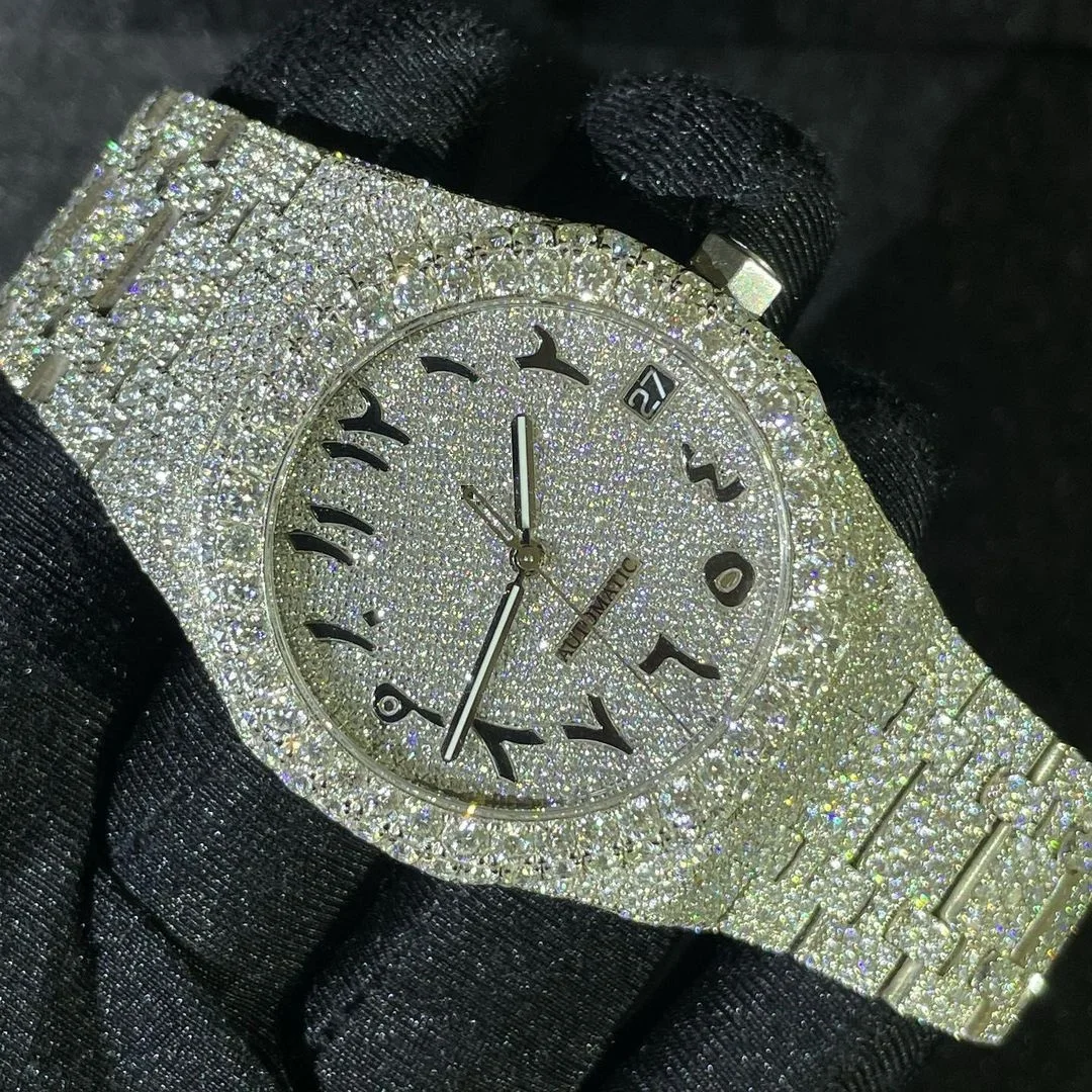 Elegant Solid Gold Round Diamond Watch with Arabic Full Iced Out Diamond Studded - Swiss ETA Movement Watch