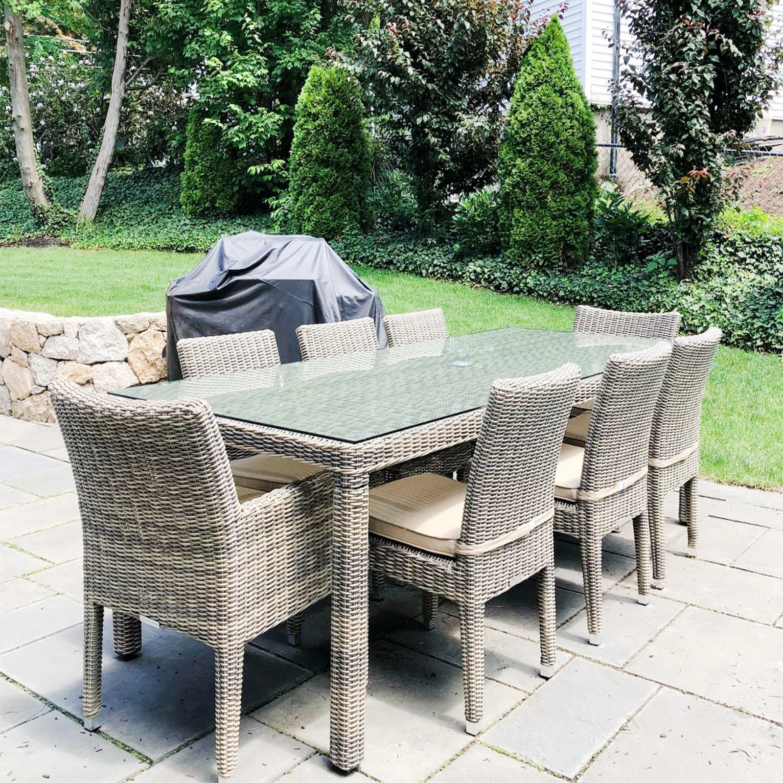 9 PCS Aluminum PE Rattan Dining Sectional Outdoor Patio Furniture Chair and Table Garden Sets With Cushions