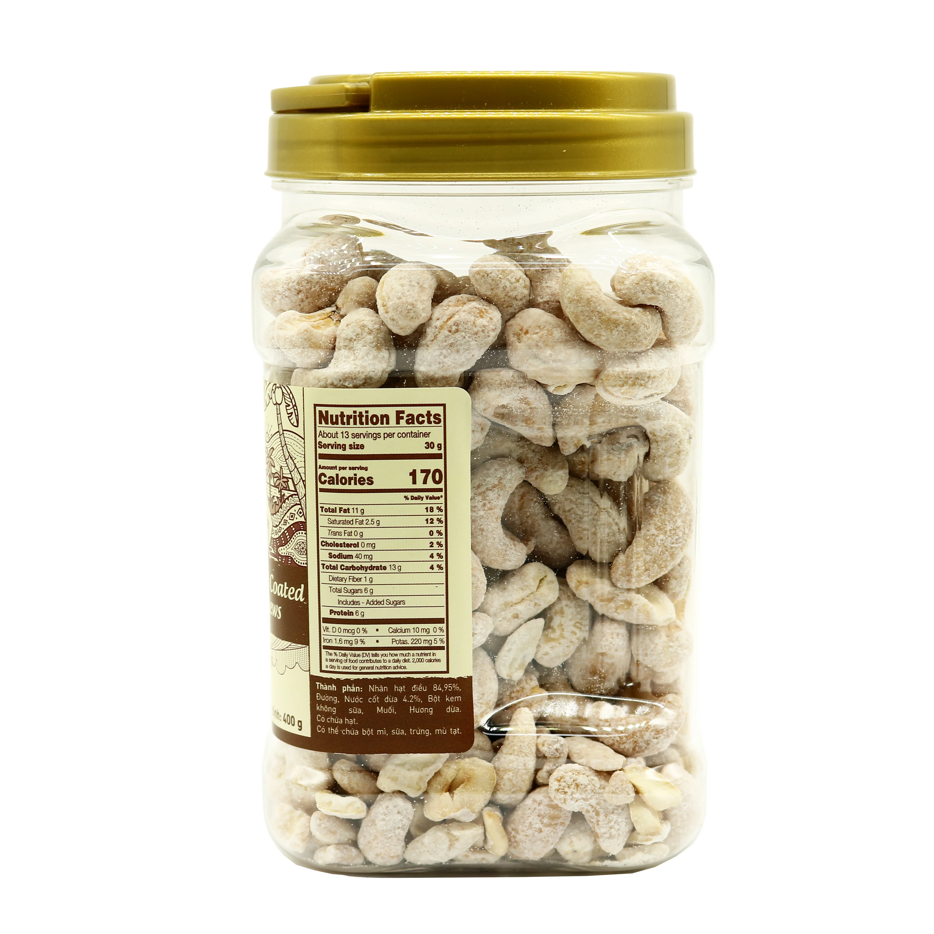 LAFOOCO Coconut Coated Vietnam Cashews Net weight 400g Plastic Jar Crunchy Nuts