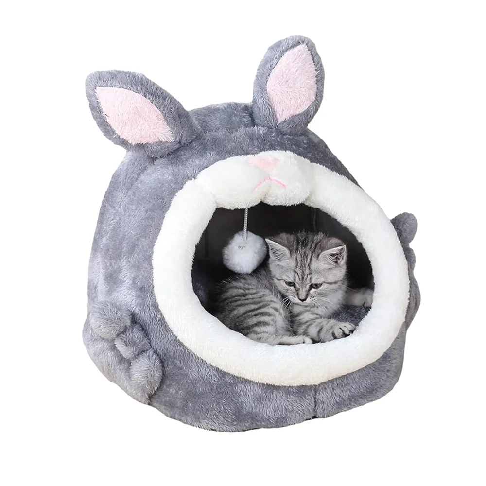 Pink Small Cat Bed for Indoor Cute Soft Cat Plush Bed Rabbit Design Tent Plush house  Kitten Bed with Pompom  pure cotton