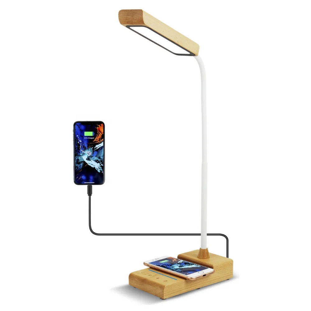 Modern Smart Multi-Function Wooden Touch Control Dimmer Led Table Lamp Adjustable Swan Neck Led Desk Lamp with Wireless Charger