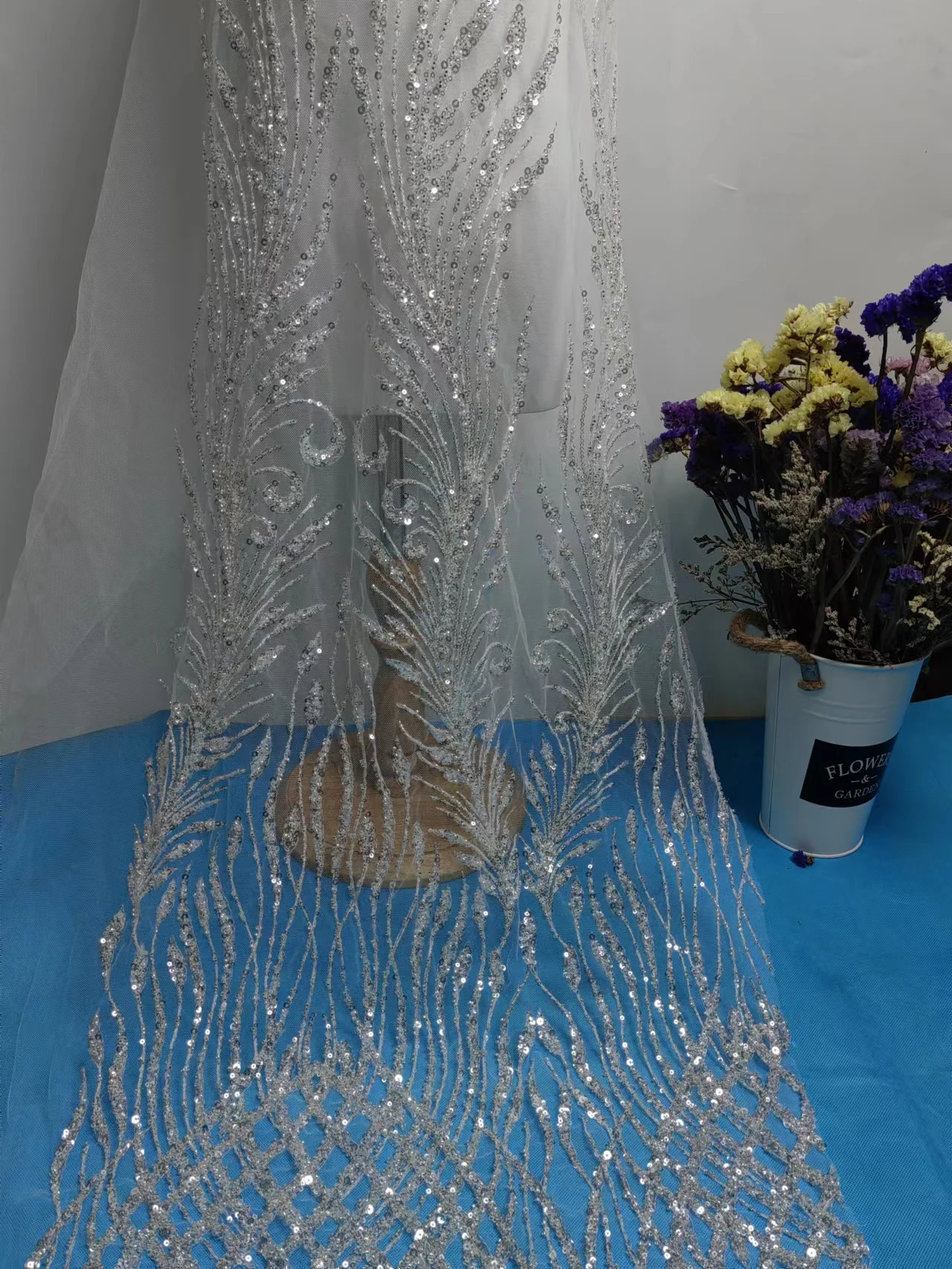 Modern flat embroidered hand made beaded bridal luxury sequins lace fabric for bridal dress