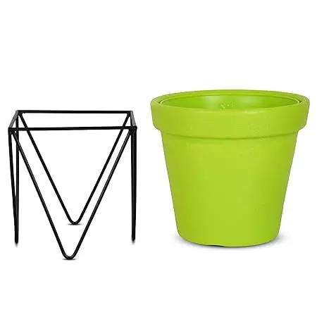 Metal Square Tringle Stand With Green Plastic Pot For Indoor & Outdoor Gardening Plants And Home Decor Gamla For Garden