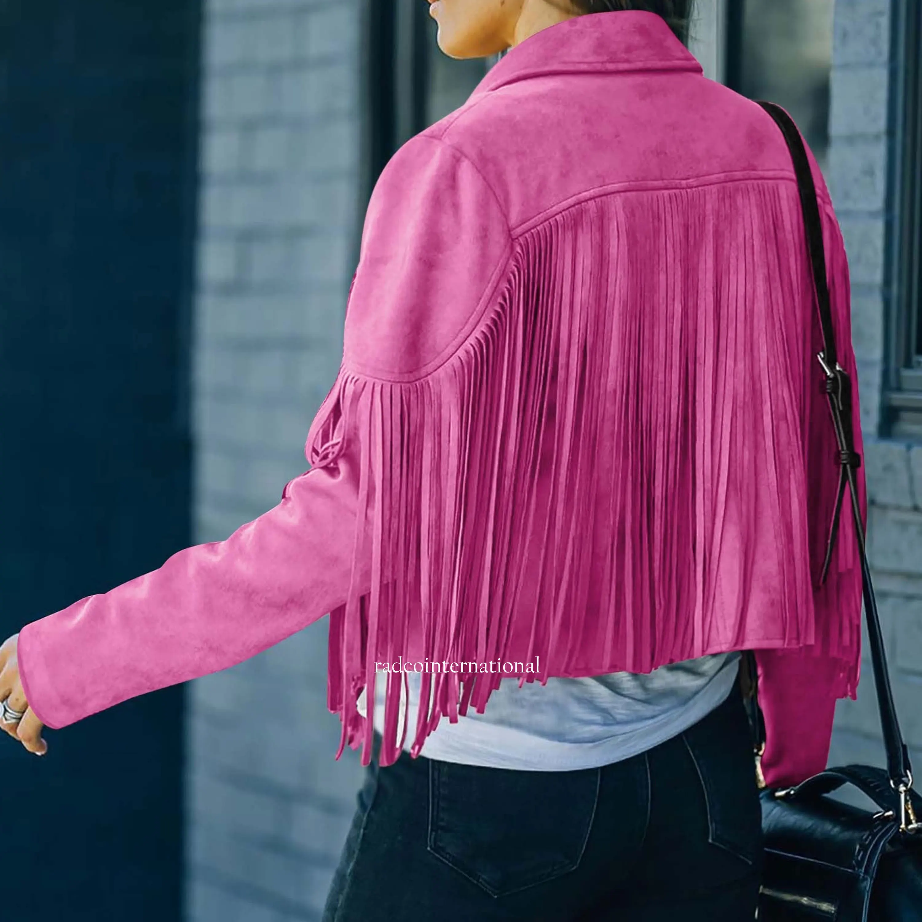 Women Trench Coats Fringe Style Coat for Women Faux Suede Leather Jacket Long Sleeve Cardigan Coat Hot Pink