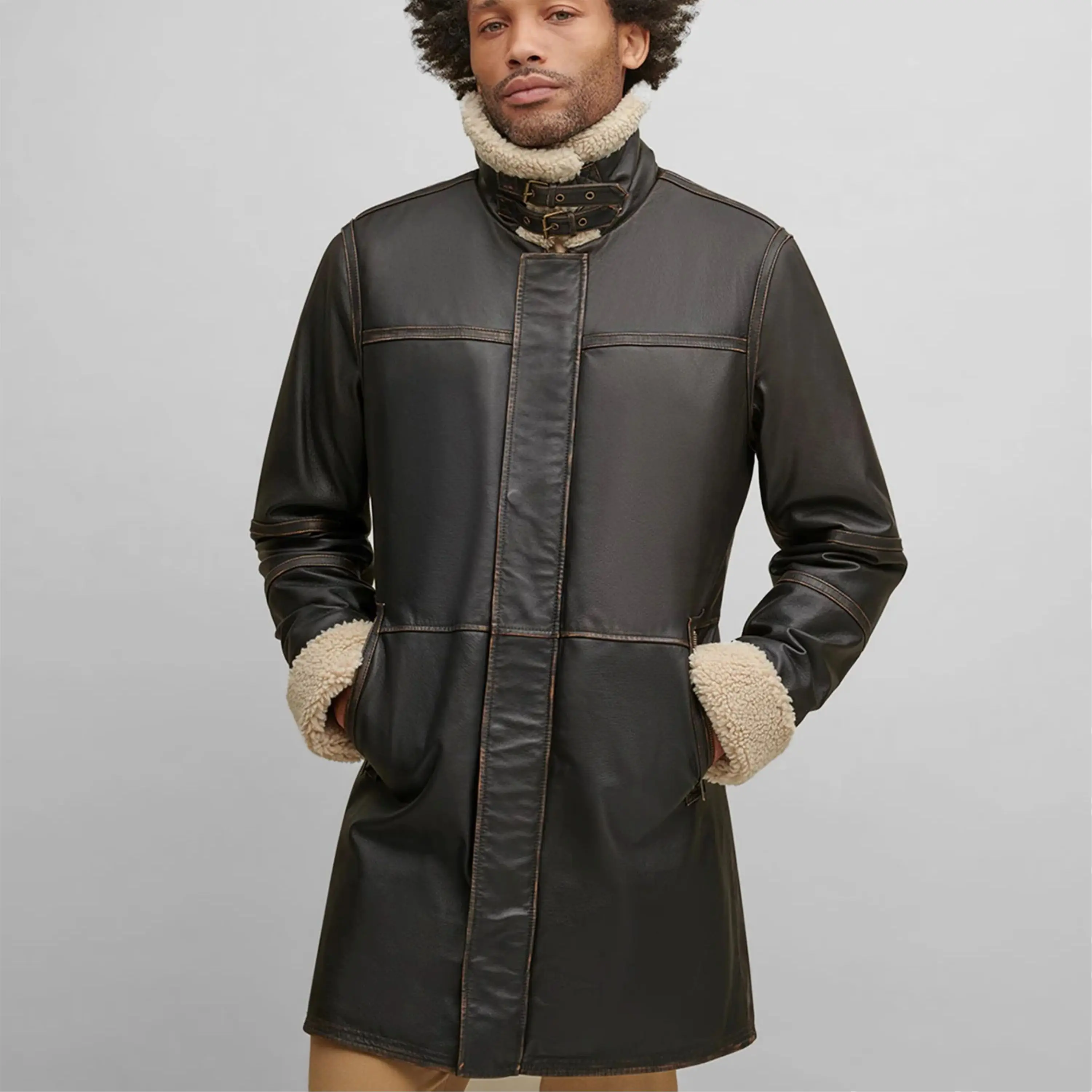 Black Faux Fur Lined Leather Coat - Warm and Stylish Winter Jacket for Men and Women, Perfect for Casual and Outdoor Wear