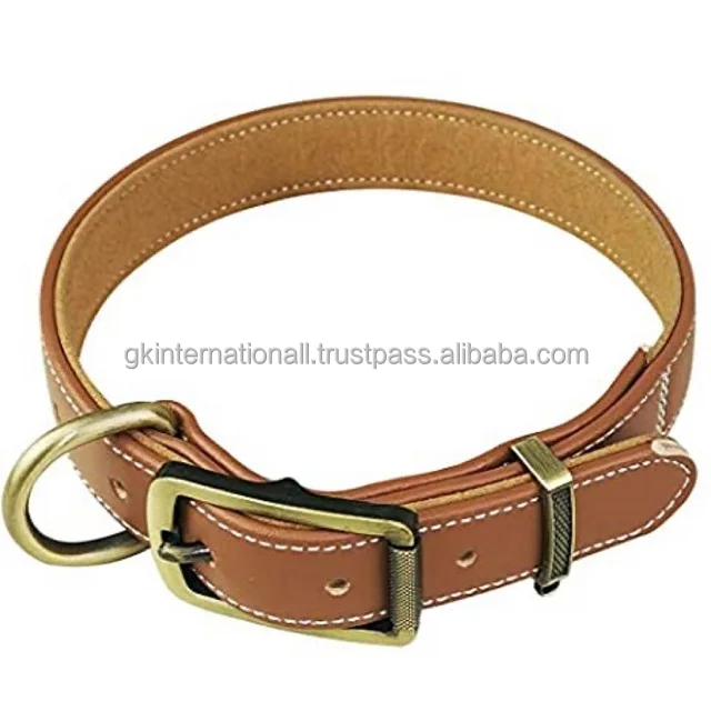 Strong and Durable Vibrant Color Heavy Duty Leather Dog Collar Full Padded and Stitching with Brass Finish H Buckle and D Rings
