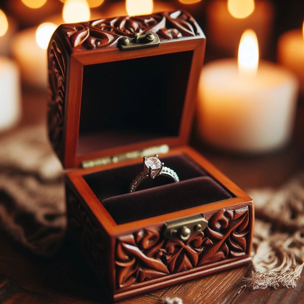 Celestial Harmony Handcrafted Wooden Wedding Ring Box with Personalized Engraving and Luxurious Velvet Lining