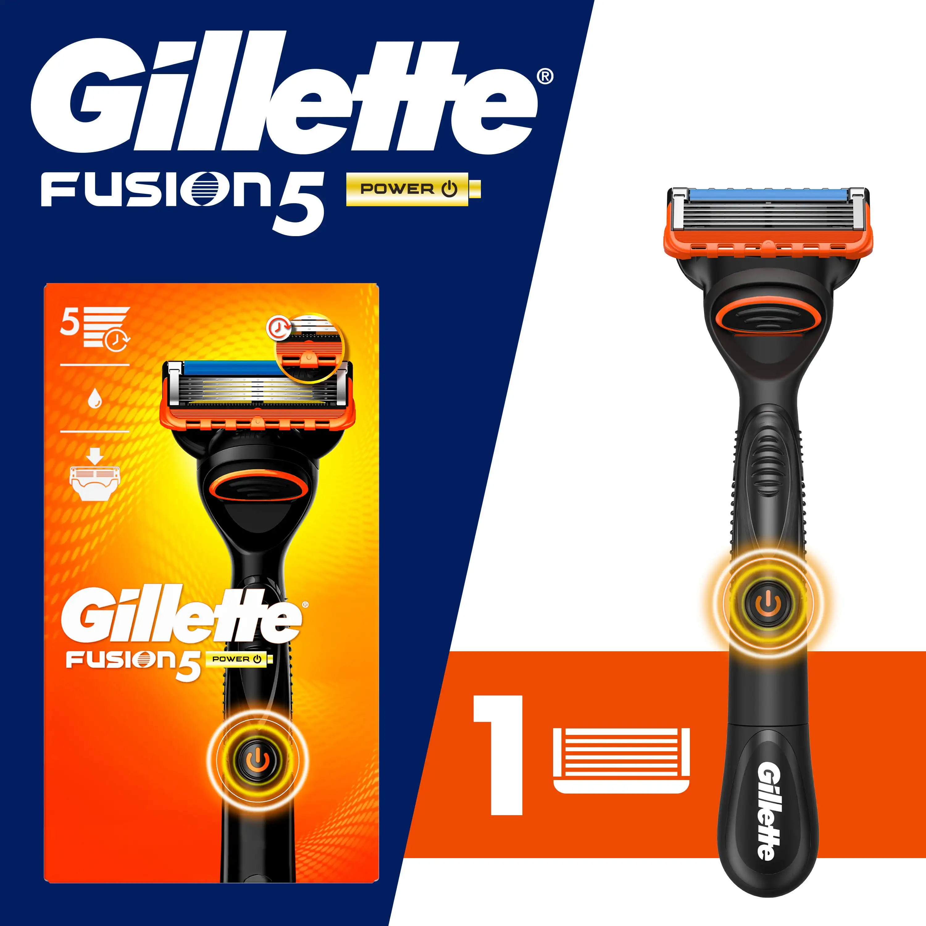 Gillettee Fusion5 Power Мужская бритвенная ручка с 1 сменным лезвием оранжевая батарейка для гладкого бритья