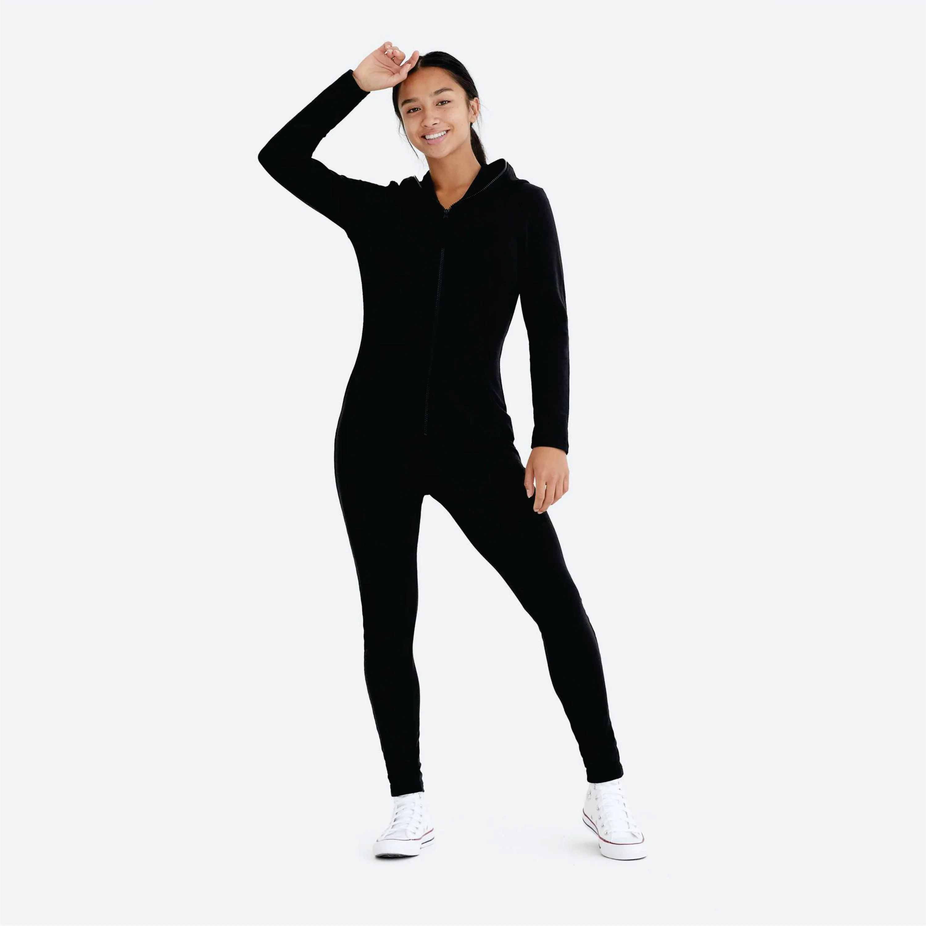 93% Cotton 7% Elastane One Way Zipper Opening Front Kangaroo Pocket Hot Pink Women Original Fitted Onesie Slim Jumpsuit