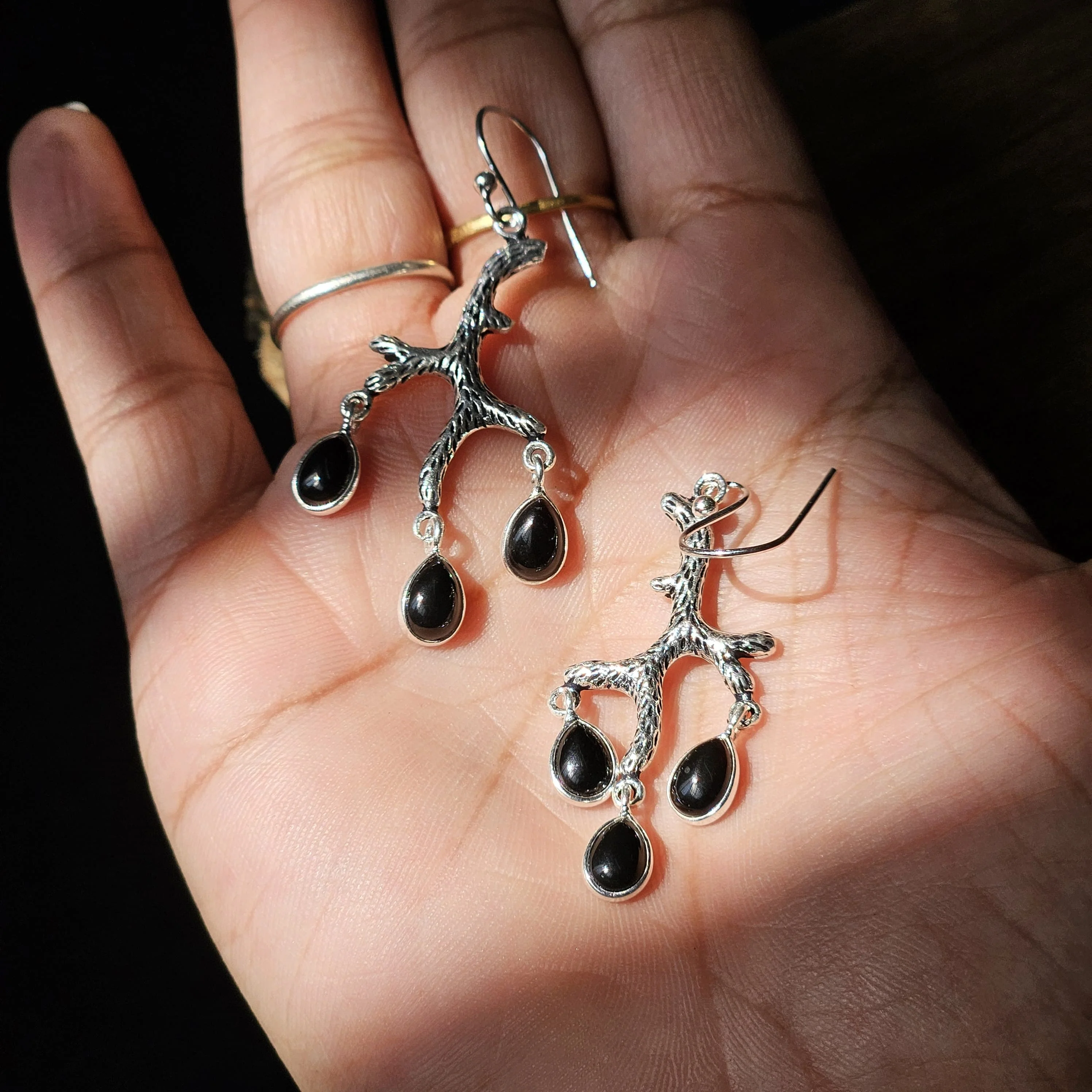 Black onyx  silver earring branch design silver oxidized earring affordable price silver earring