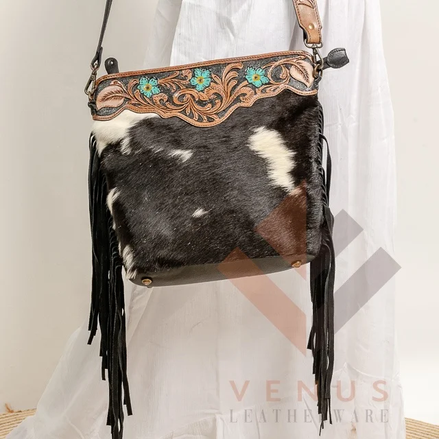 Stylish Bohemian Vintage Cowhide Fur Sling Bag Snow White Leather Tooled with Fringe Single Handle for Summer