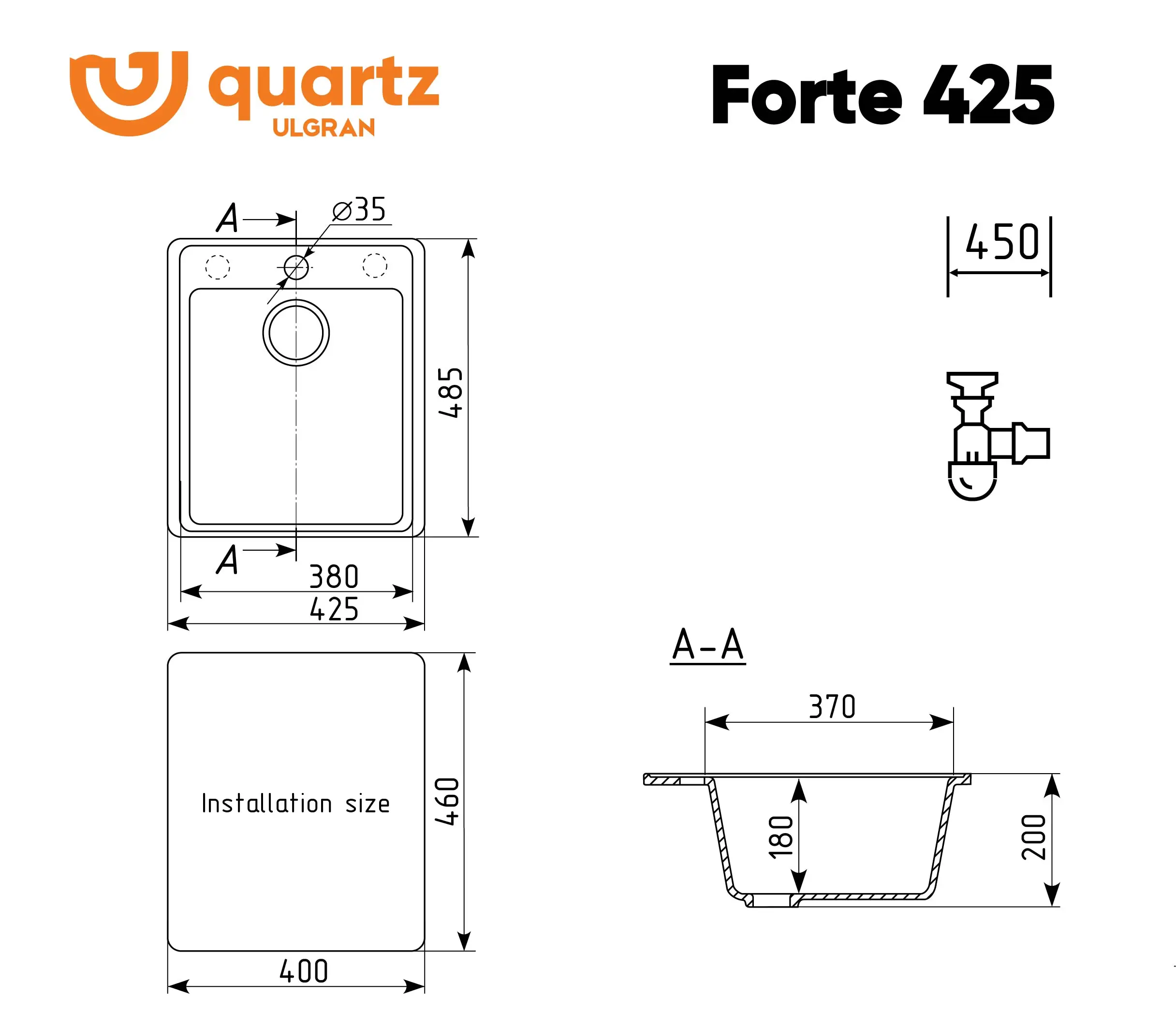Quartz sink Ulgran Forte sizes 425 460 505 580