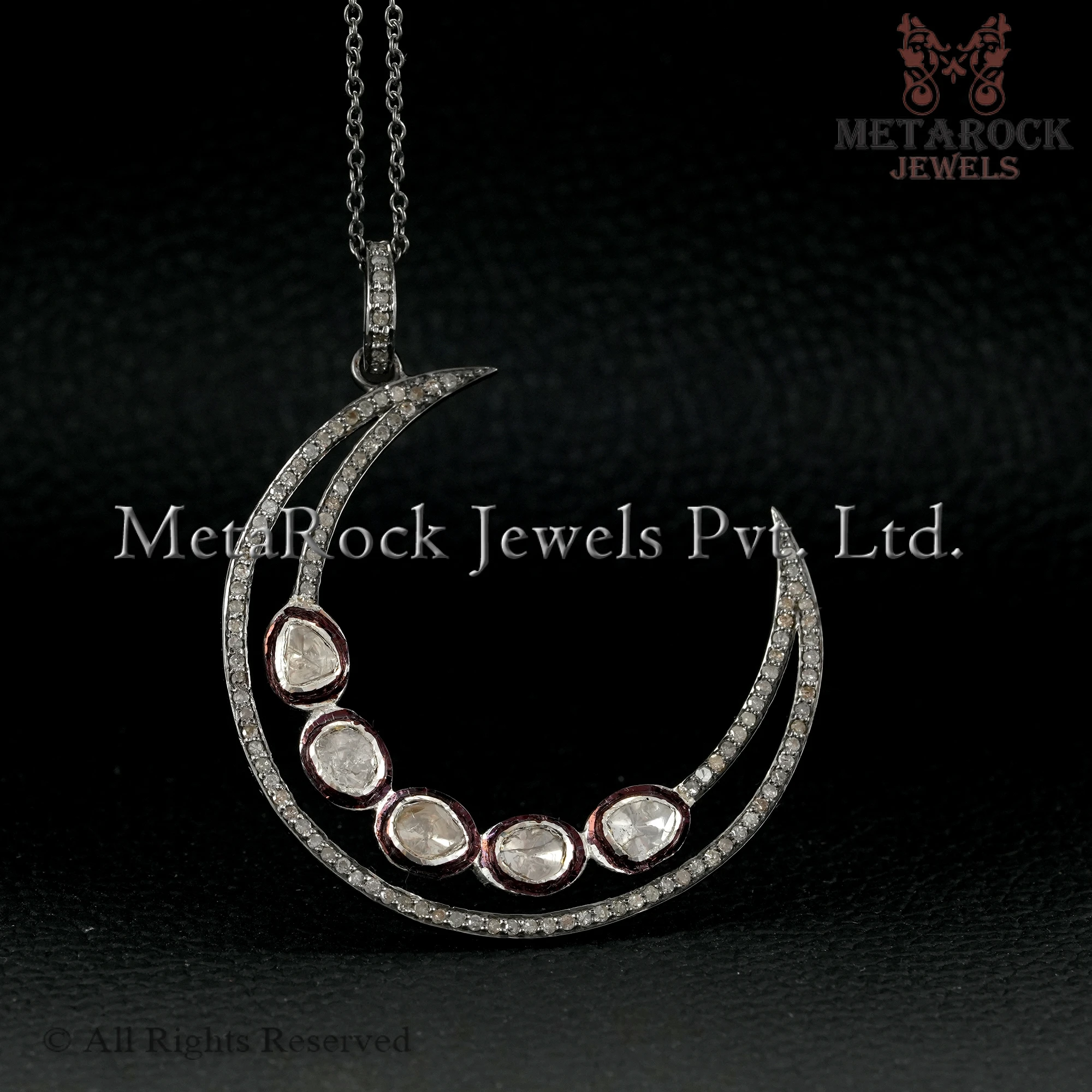 Brown Diamond Oxidized 925 Silver Designer Crescent Moon Pendant Chain Necklace Handmade Polki Pendant Jewelry  Wholesale