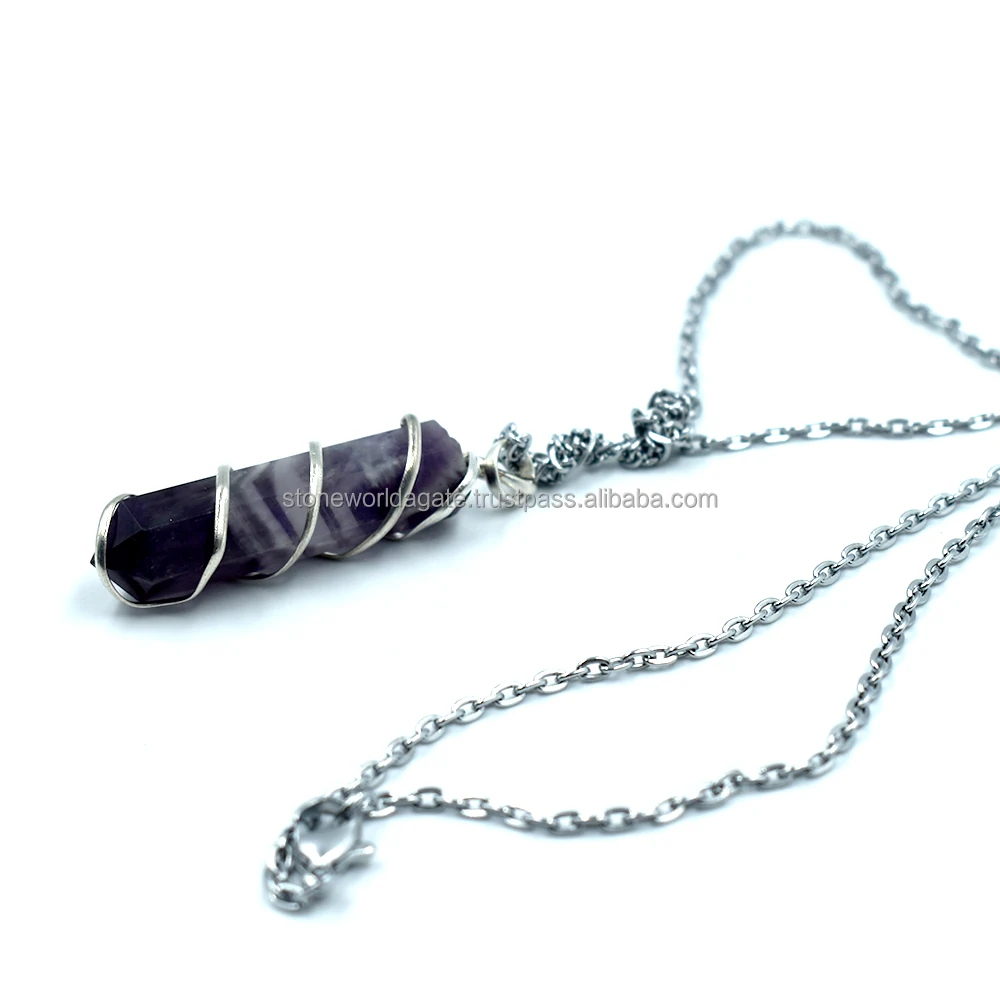 Latest Amethyst Pencil Point Pendant Necklace, Spiral Wire Wrapped Amethyst Quartz Pendant Necklace / Stone World Agate