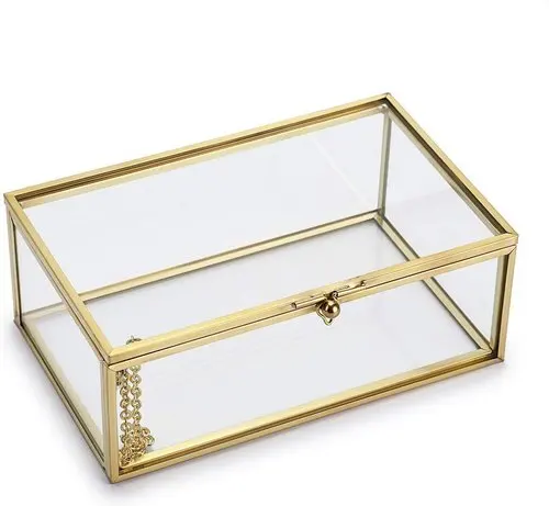 Unique Square And Brass Gold Mirror Box Trinket Packaging Jewelry Organizer Glass Box Wedding Decoration Glass Brass Jewelry Box