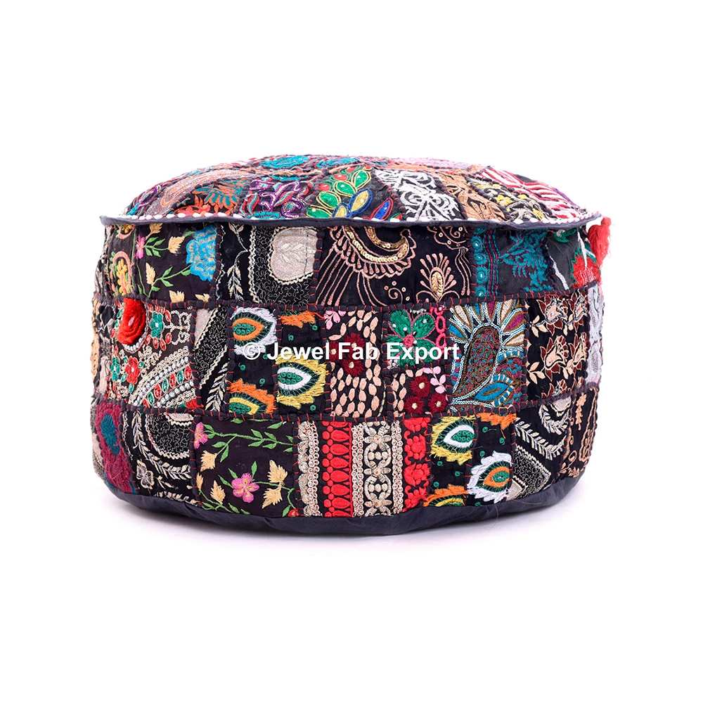 Home Decor Cotton Floral Patchwork Embroidered Ottoman Pouf Cover Blue Foot Stool Furniture Pouffes handmade premium