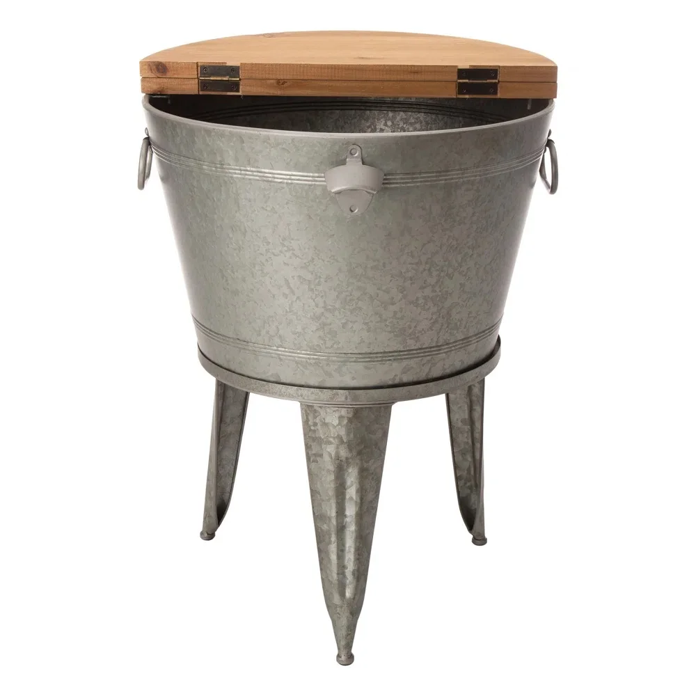 Galvanized Large Ice Bucket with Wooden Lid and Stand  For Champagne Beer Bottle Storage with Outer Handle Silver Color Indian