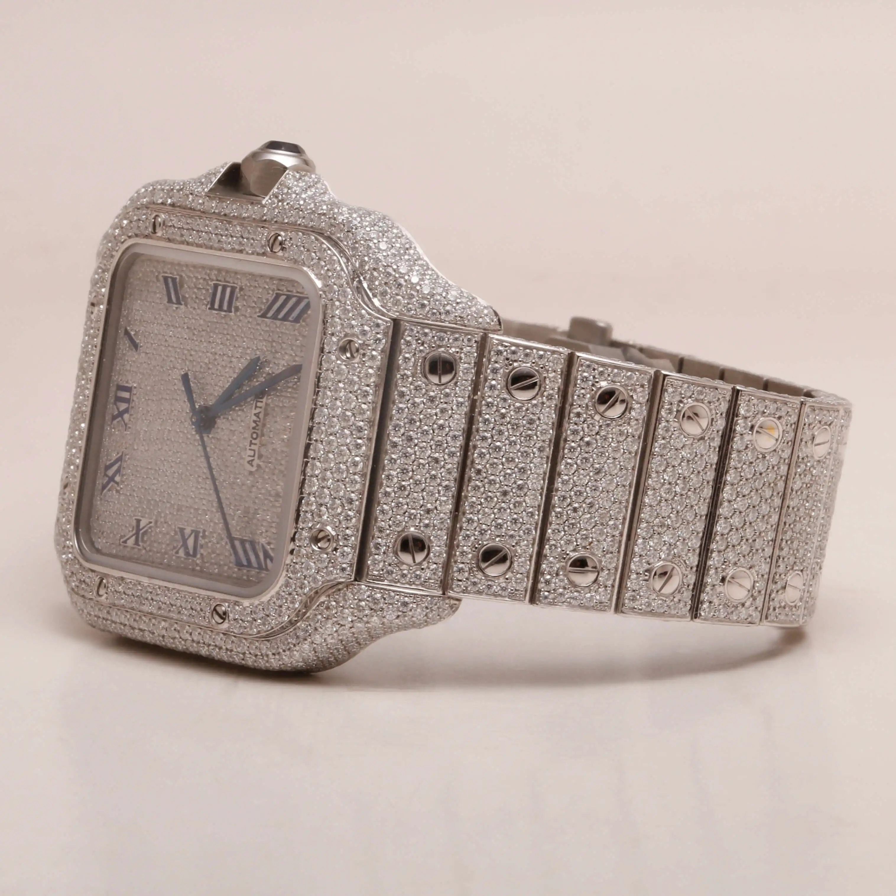 Hip Hop Customized and Certified Full Diamonds Case with Stainless Steel Automatic Band Full Iced Out Unisex Moissanite Watch