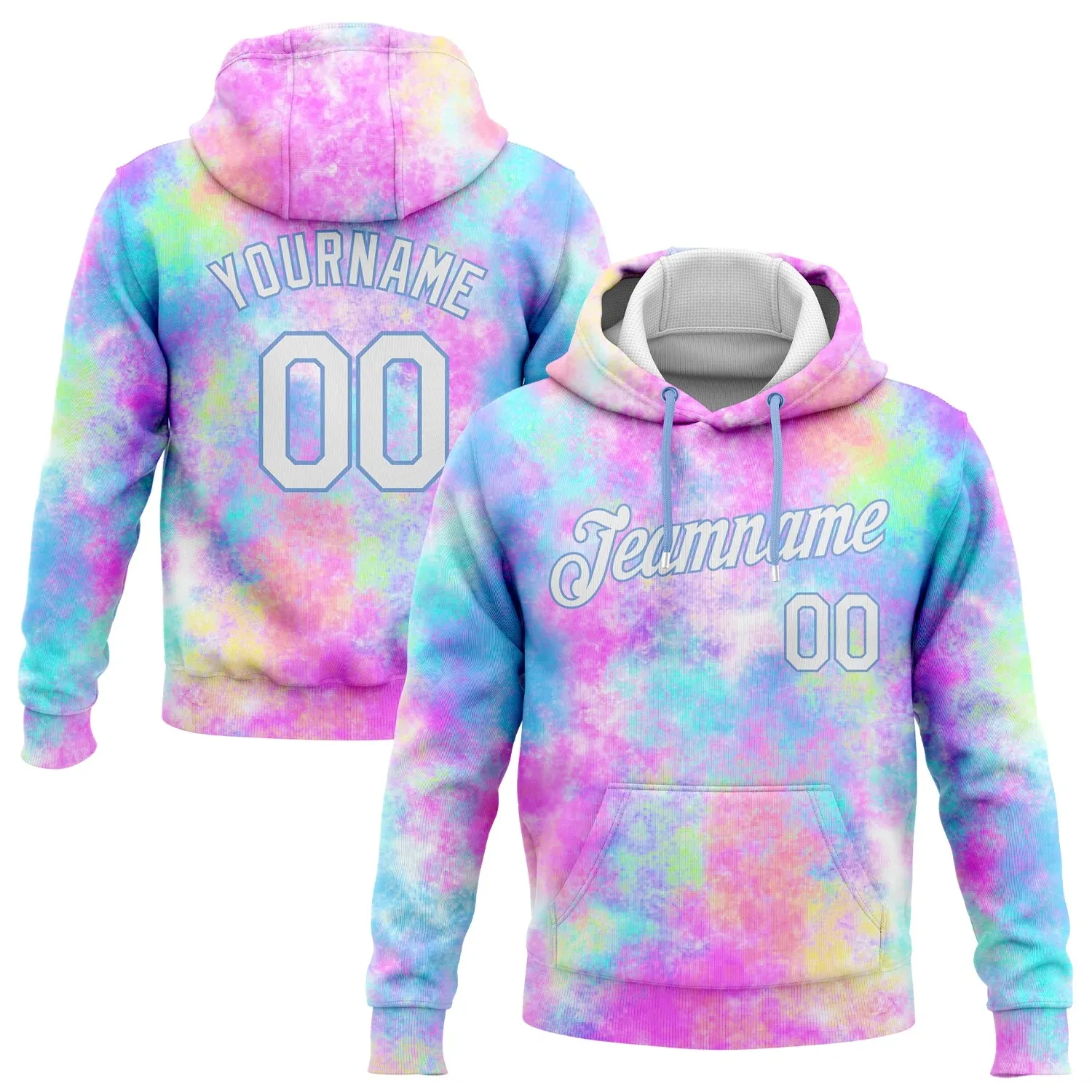 Custom Stitched Tie Dye White-Light Blue 3D Rainbow Sports Pullover Sweatshirt Hoodie