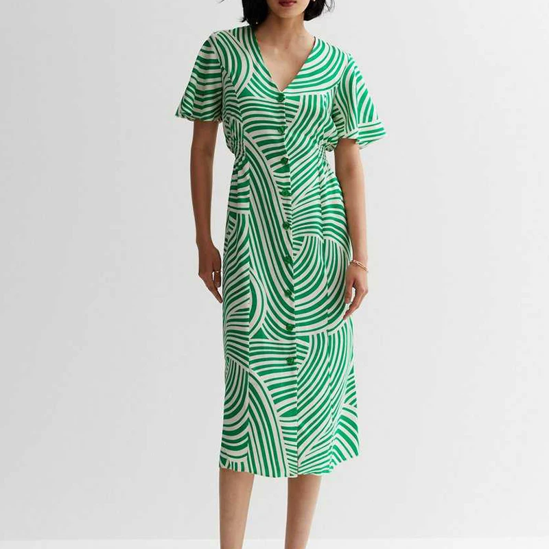 Aschulman Custom Swirl Long Button Down Front Midi Custom Logo Fashion Mini Striped Emerald Green Dresses