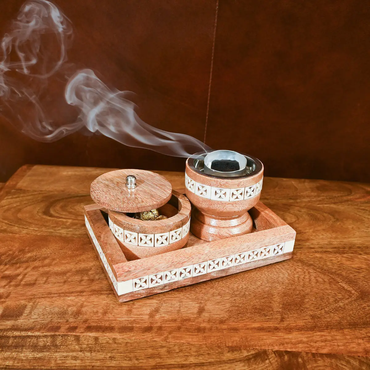 Unique Candle Jar Premium Quality Wood and Mother of Pearl Mubkhar Set Bone Inlay Box Burner Incense Bakhoor Gifts