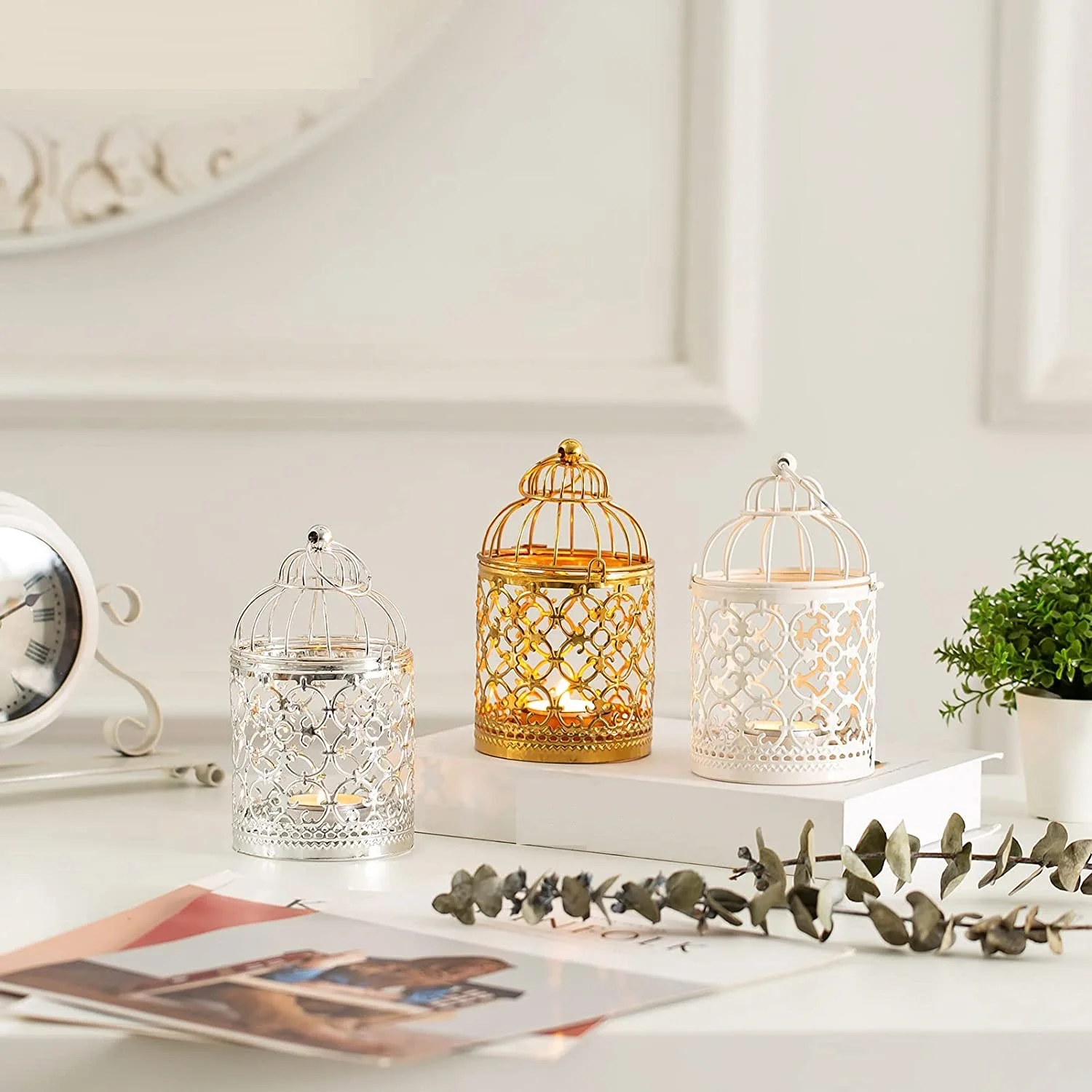 Uniquely Designed 2 Pcs Small Metal Tealight Hanging Birdcage Lantern Vintage Decorative Centerpieces of Wedding Party Gold