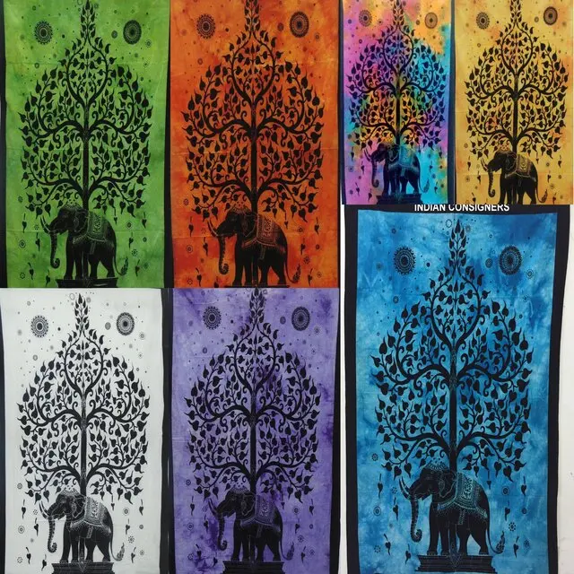 Wall Hanging Multi Cotton Fabric Throw Beautiful Multiple Color Elephant Tree Small Tapestry Poster