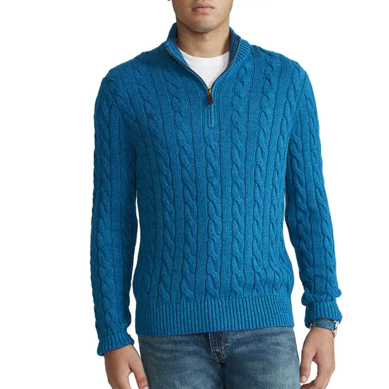 Wholesale new Cashmere Turtleneck Jacquard Sweater Custom Design Men Fleece Cable Half Zip Up High Neck Pullover Knitted Sweater