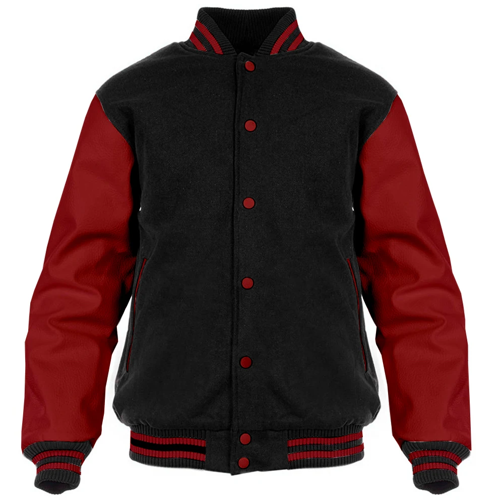 High School Varsity Jacket Black Wool Body Maroon Real Leather Sleeves Classic American Style Customizable for Team Spirit