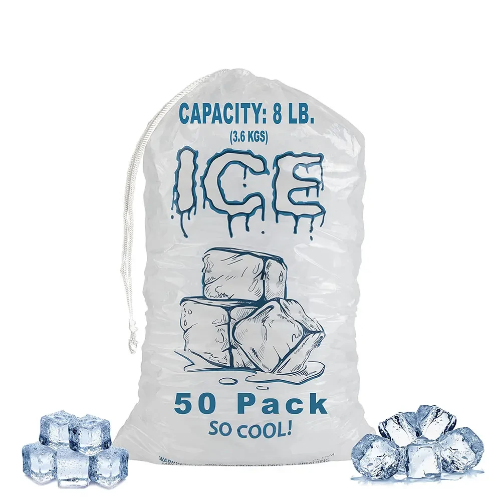 Custom Printed Logo Large Capacity Disposable LDPE 8/10/20 LB Plastic Drawstring Ice Bag