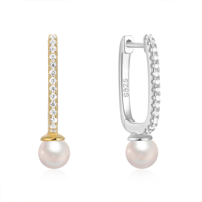 wholesale fashion jewelry 925 sterling silver U-shaped pearl diamond zircon gold plated hoop earring jewelry for women