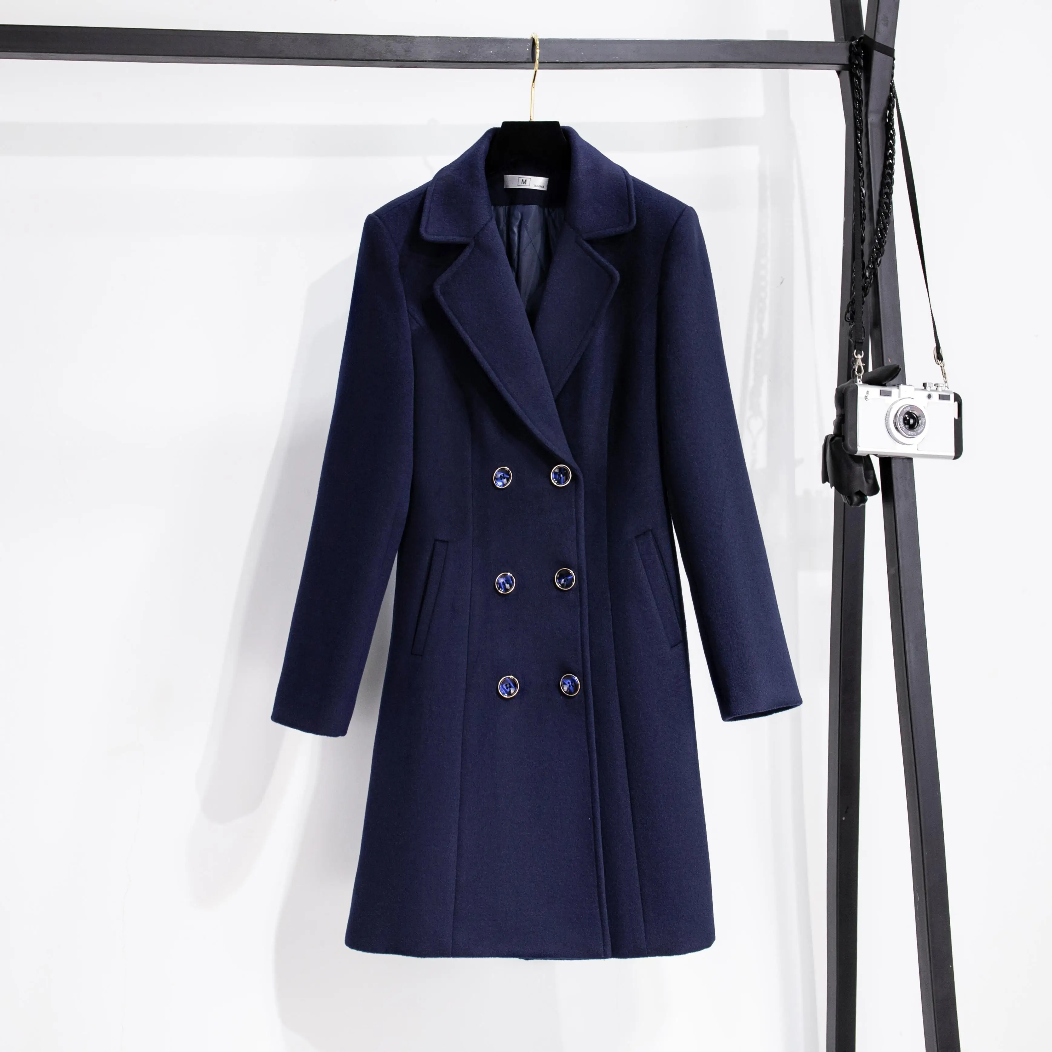80% polyester 20% spandex black blue winter thick wool trench coat women ladies winter trench coats