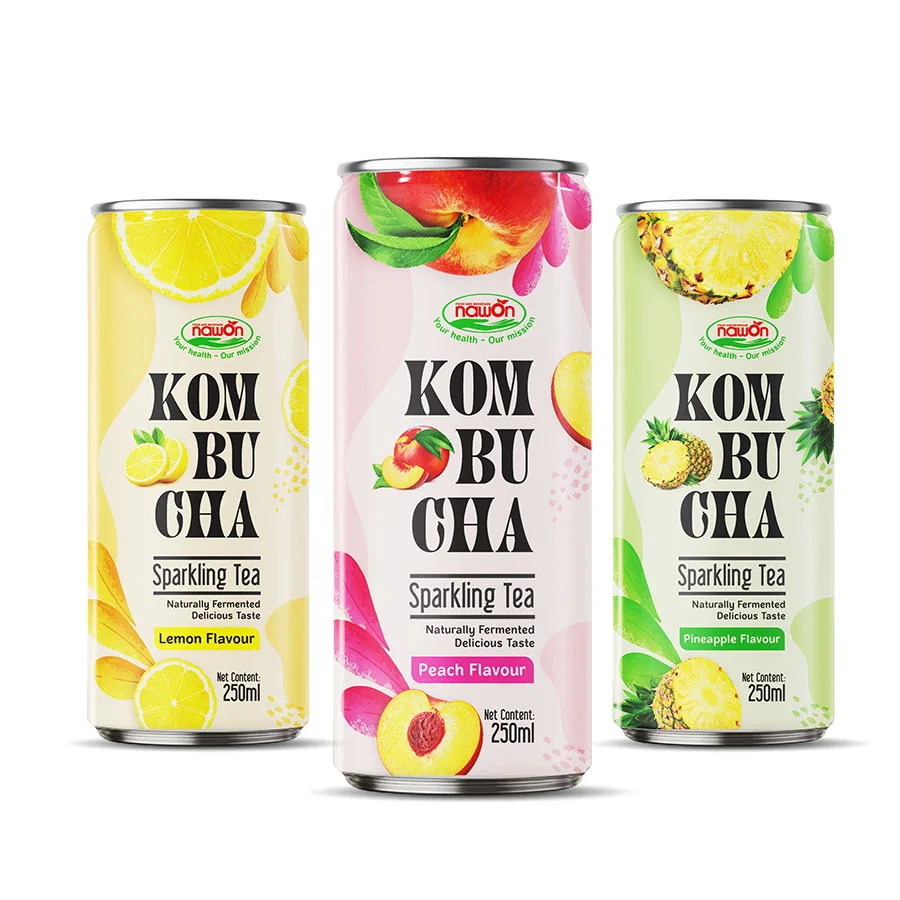 Напитки Nawon Kombucha Лайм ананас персик тонкий чай ферментированный 250 мл банка высокое качество OEM/ODM вьетнамский напиток производитель