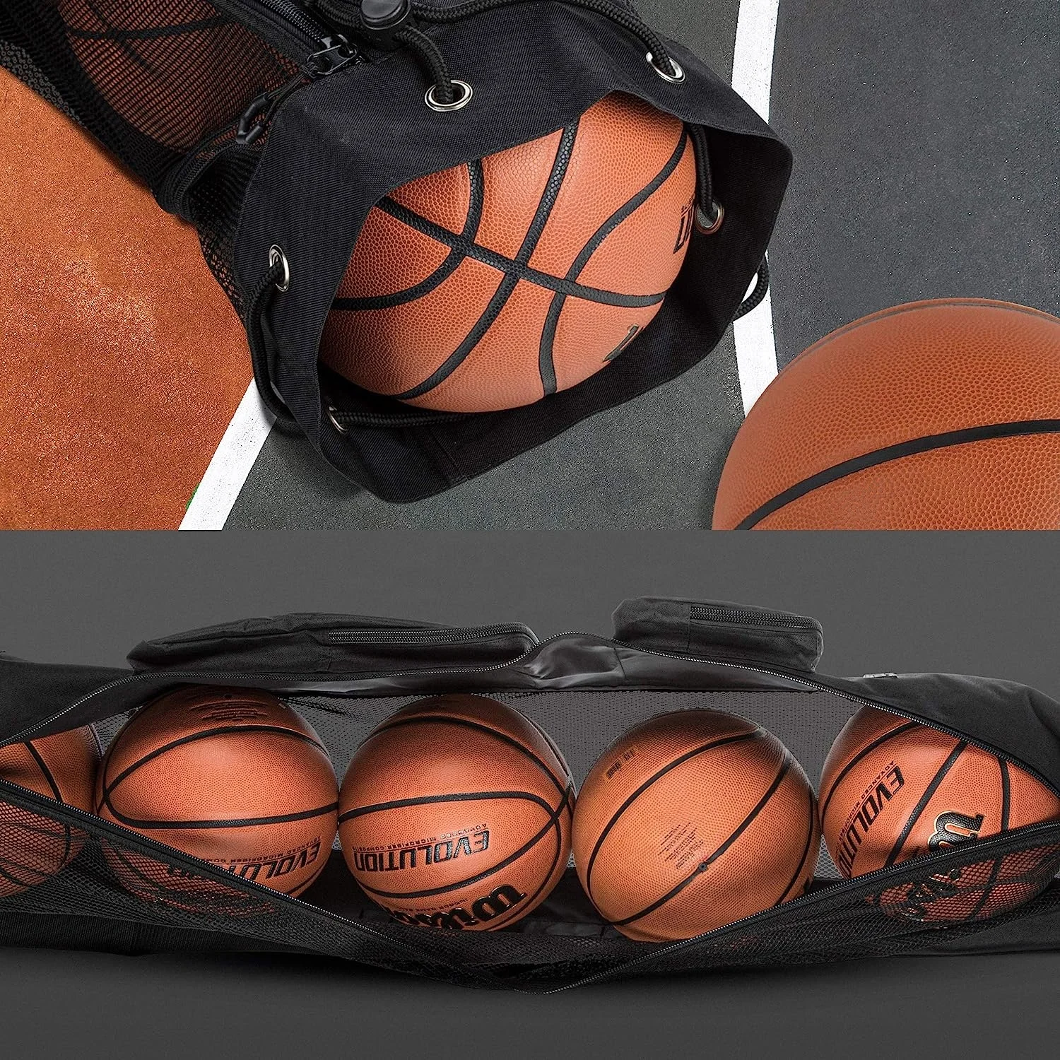 Heavy Duty Basketball Mesh Equipment Ball Bag with Shoulder Strap with Front Pockets for Coaching Sport Accessories