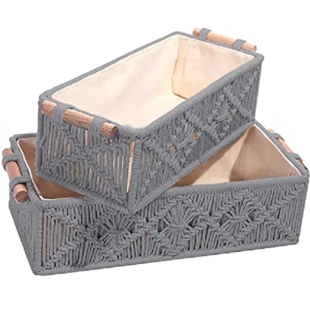 New Arrival Macrame Set Of 2 Grey With Wood Handle Fruit Storage Basket Organizer Living Room Shelf Vegetable Storage Holder
