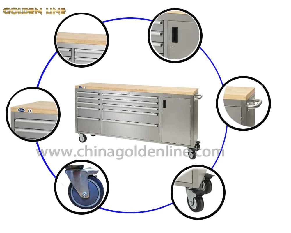 Stainless 10 Drawers Work Bench with wooden top Tool Cabinet Tool Chest Tool Trolley welding cart durable handle large size