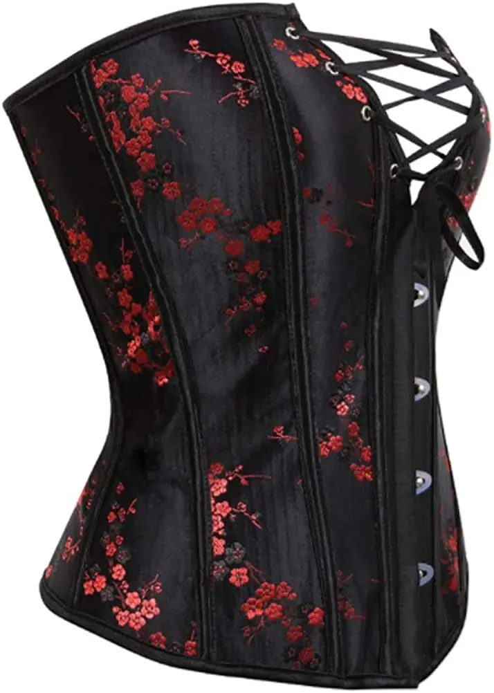 Womens Steel Boned Satin Overbust Waist Training Brocade Corset