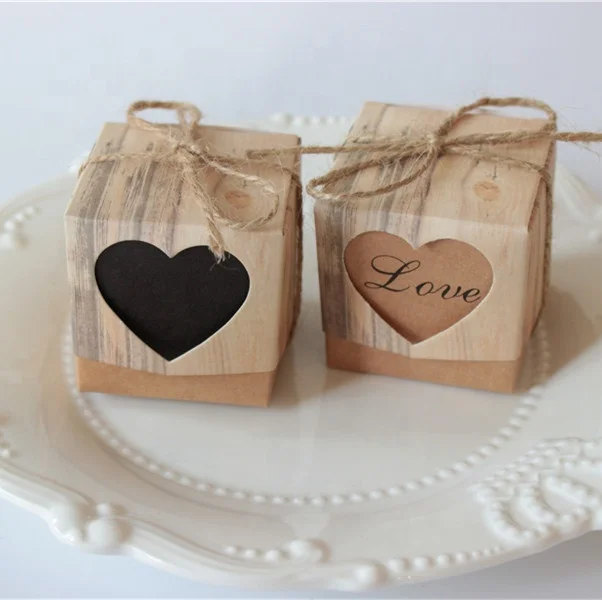 Cheap Wedding Favors Love Heart Candy Gift Box Kcraft Bonbonniere Paper Gift Boxes with Burlap for Birthday Christmas Party