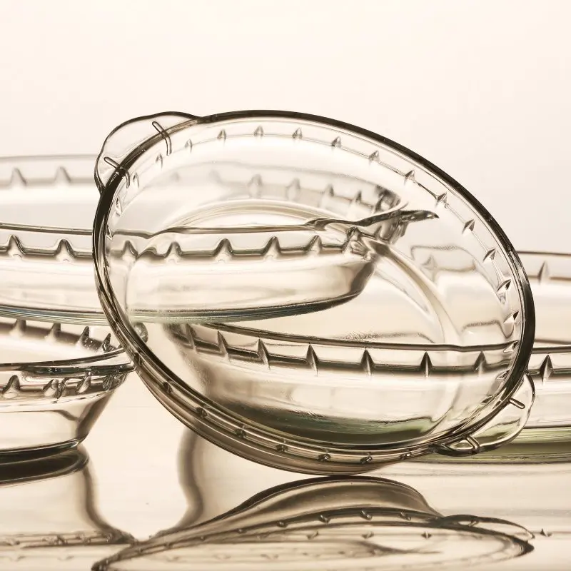 Linuo Best Selling Microwave Deep Round Pie Plate Dish Glass Pie Pan with handle for Baking for Fruit, Pumpkin, Holiday Pies