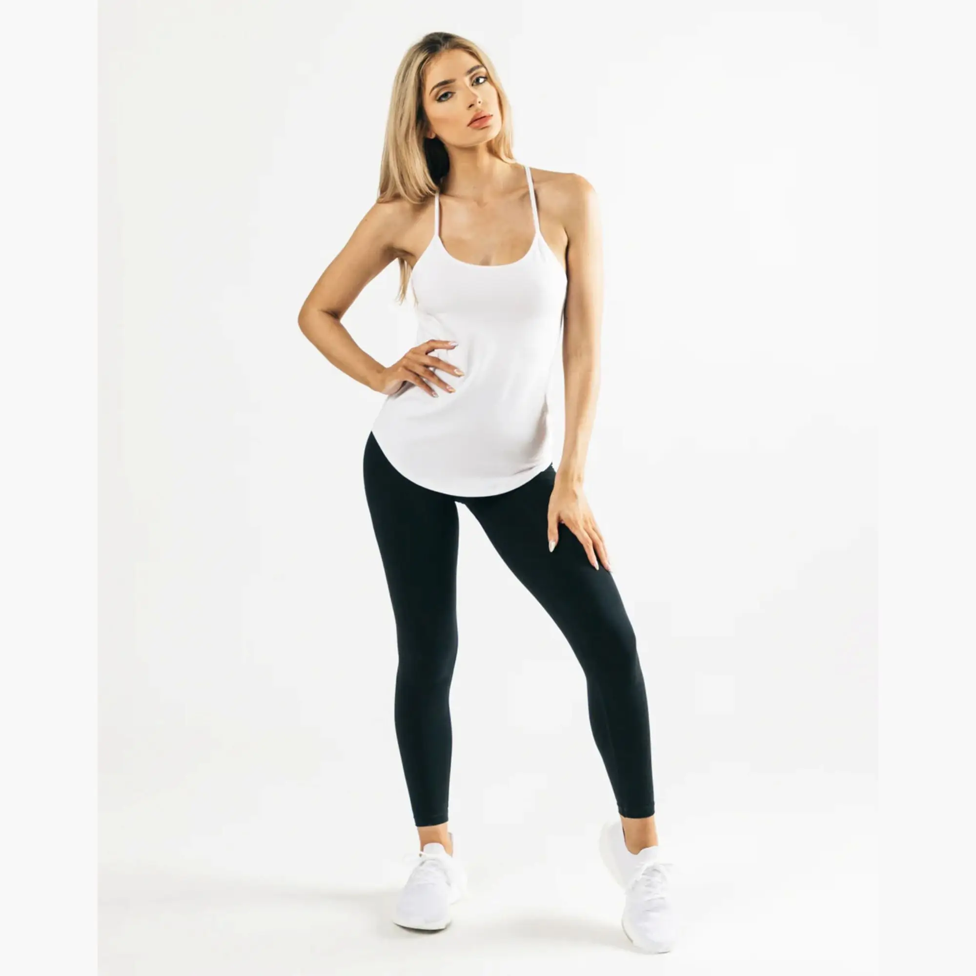 92% Cotton 8% Elastane Camisole Neckline Scoop Hem Low profile shoulder Straps White Womens Full Length Premium Tank Top