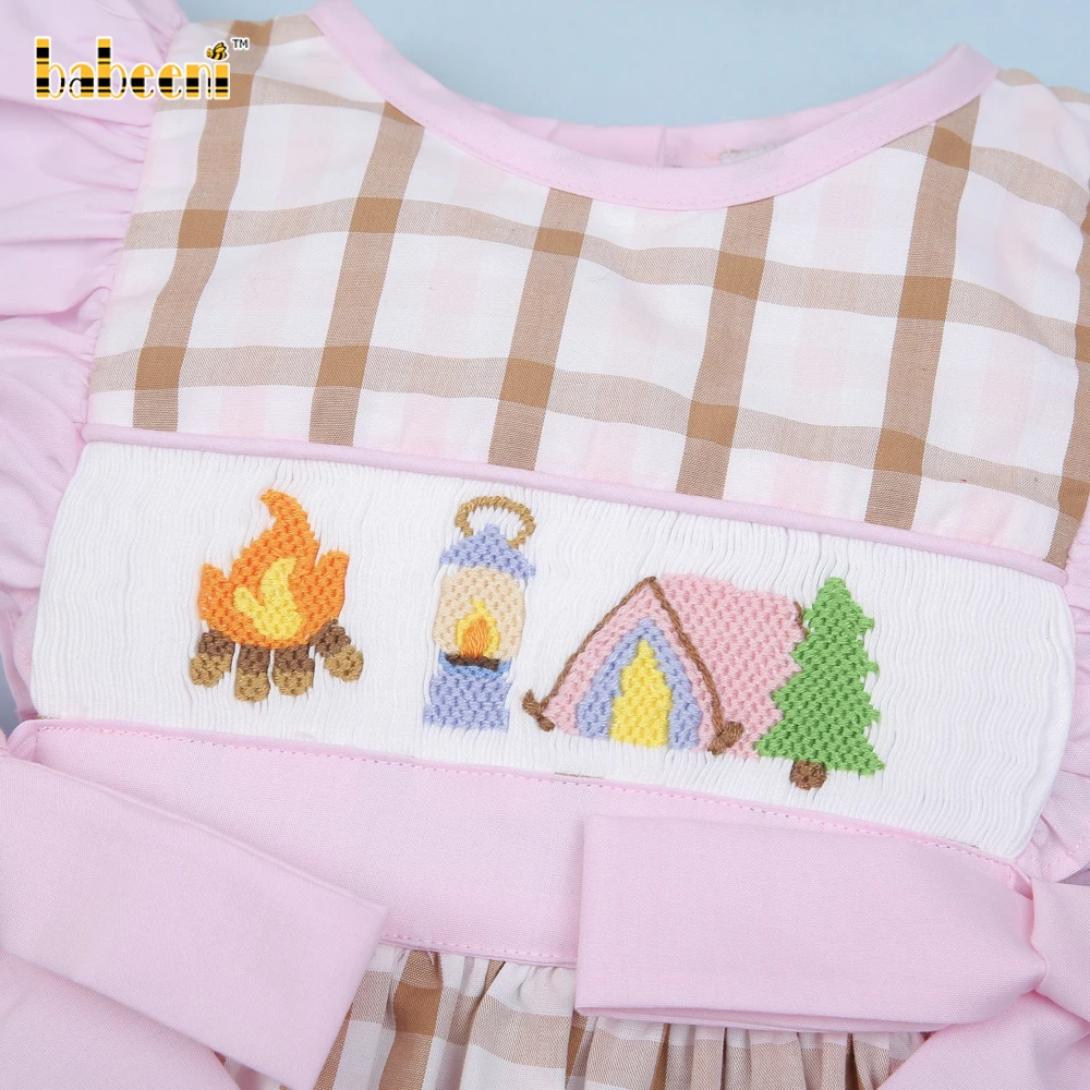 Camping hand smocked plaid dress ODM customized hand made embroidery wholesale smocked dresses - BB2922