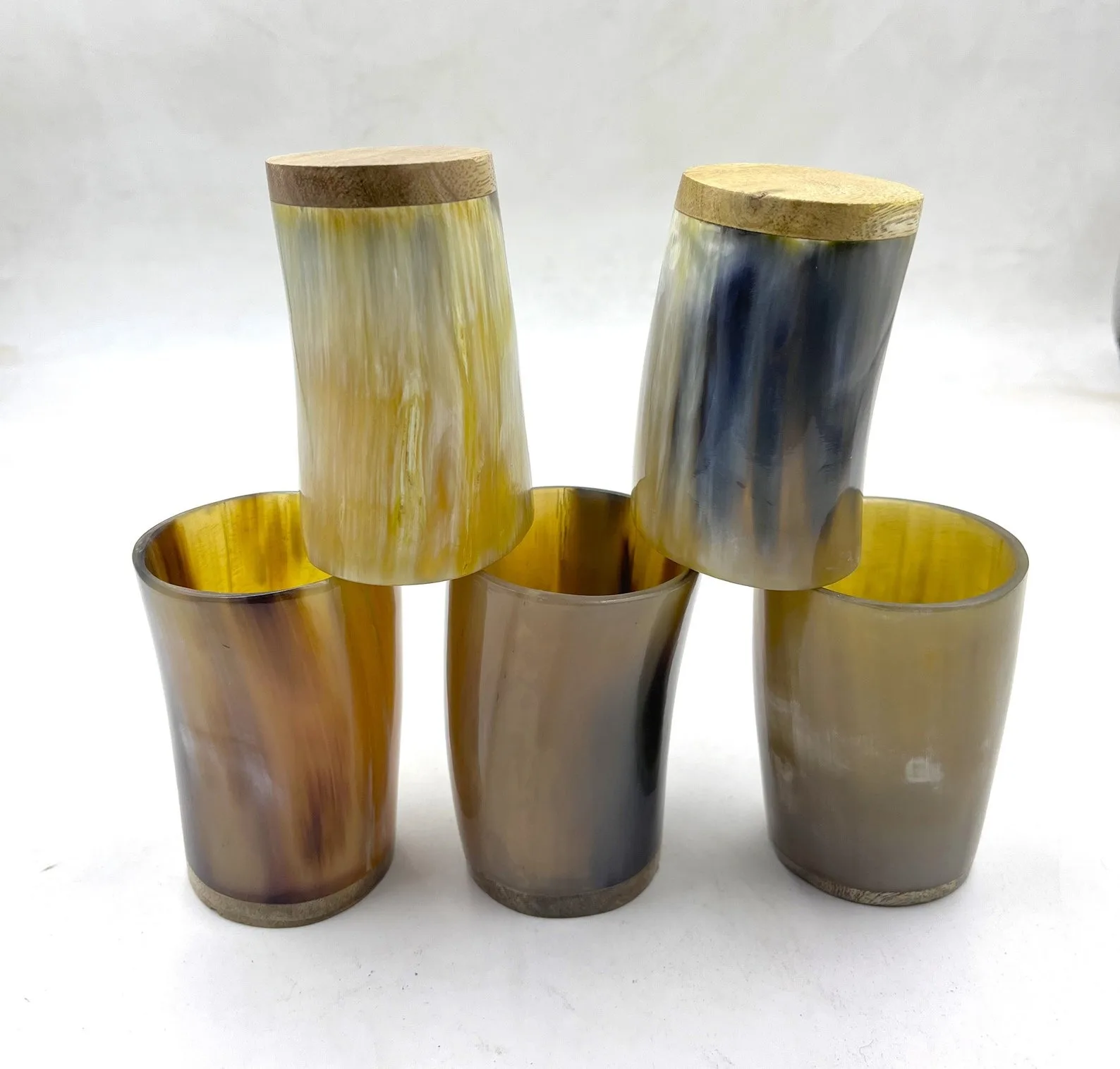 Premium Natural Shot Vodka Glass Tequila Glass Mini glasses buffalo horn made Viking style drinking wood base Drinking Horn