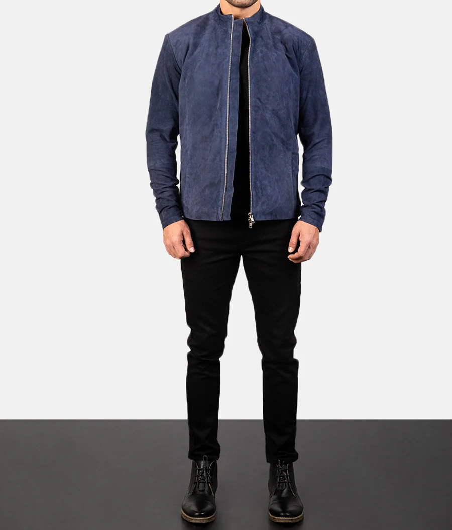 Blue Suede leather bomber jacket/OEM custom blue suede leather jacket/Wholesale genuine suede fashion fitted leather jacket men