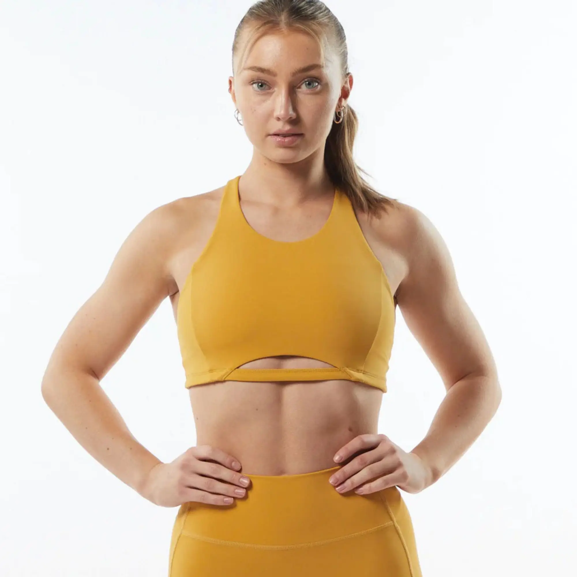 78%Nylon22%High Neck Style Fit Racer Back Bindingless Hem Womens Breathable Medium-Support One Piece Exotic Yellow Sports Bra