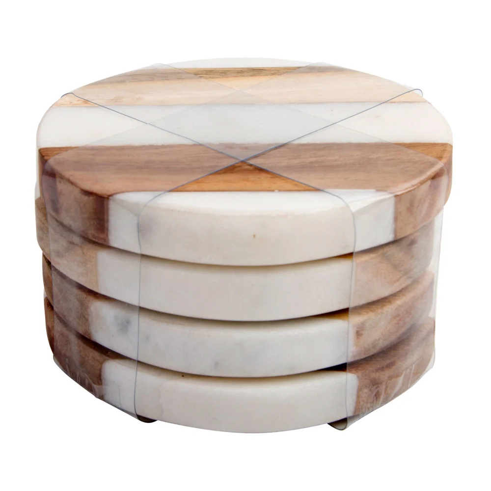 Modern Style Handcrafted White Marble & Mango Wood Coasters Geometric Design Blooming Bud Overseas for Your Drinks