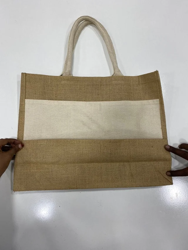 Jute shopper Bag heat transfer print with outer pocket designs sizes Colors Printing packing styles manufacturer and wholesales.