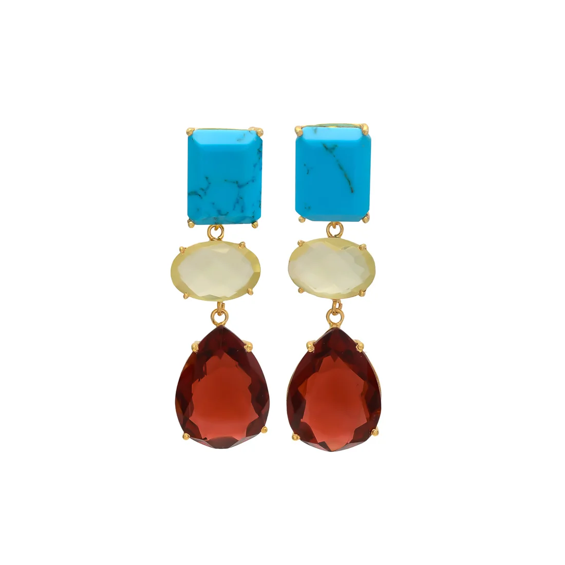 NEW ARRIVAL GARNET HYDRO AND LEMON QUARTZ AND TURQUOISE GEMSTONE BRASS EARRING PEAR OVAL AND SQUARE SHAPE 12*16 MM BRASS EARRING
